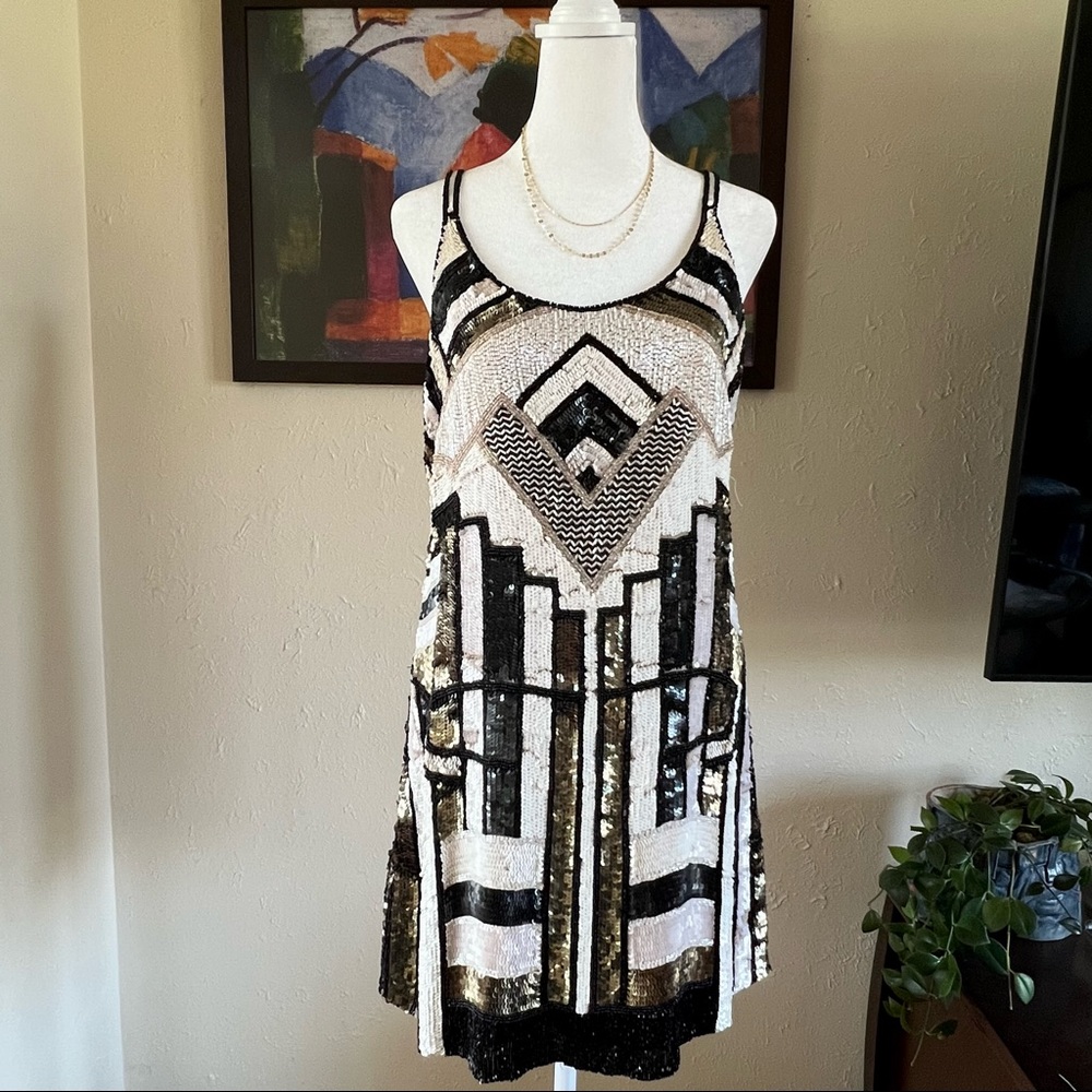 Parker Black Gold White Sequin Cocktail Dress Size Medium